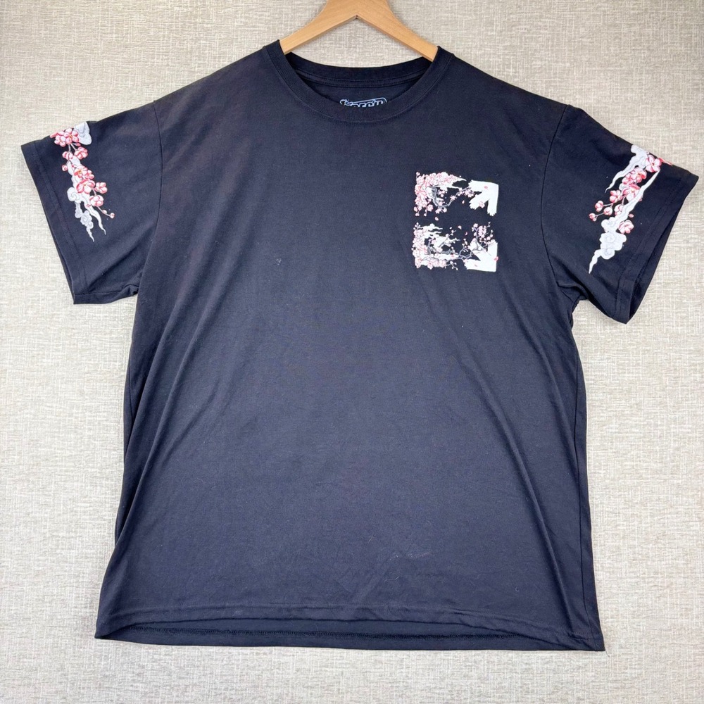 Fresh Laundry Mens XL Black Graphic Tee Japanese Cherry Blossom Crane Shirt
